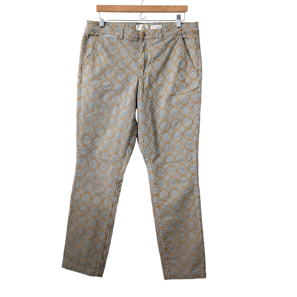Anthropologie Chino Relaxed Embroidered Circle Pants Tan Yellow 33T Tall Boho